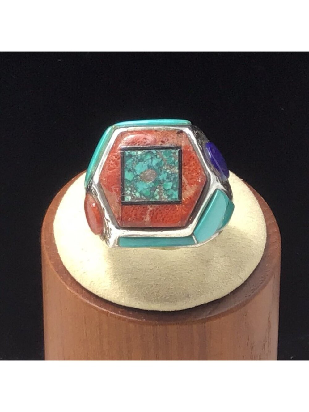 Men’s Sterling Silver Designer Turquoise Coral Lapis Ring 23.9 Gms Size 10.25